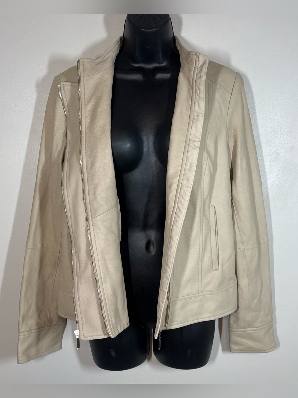 Etcetera Sz 6 Glove Leather Jacket Taupe Moto Zip Buttery Soft Slight Sparkle